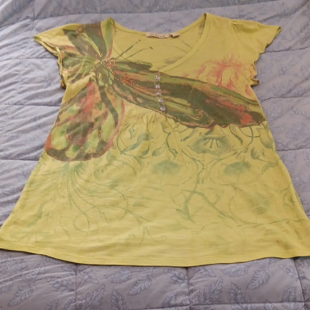 Green Floral Butterfly Short Sleeve Women's Top Size S